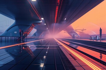 Poster - A bustling train station with a train on the tracks, serving as a vital transportation hub for travel and commuting, A futuristic train station at the break of dawn, AI Generated