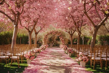 A lovely walkway is adorned with an abundance of pink flowers, creating a stunning visual display, A garden filled with blooming cherry blossoms for a spring wedding set up, AI Generated