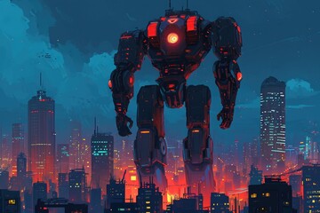 Sticker - A mesmerizing sight as a robot stands tall under the night sky, juxtaposed against the glowing cityscape, A giant robot safeguarding a city, AI Generated