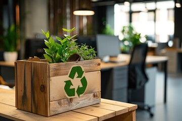 A wooden box with a plant inside it placed on a table, A green office environment emphasizing sustainability with recycled materials, AI Generated