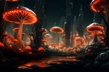 Wall Mural - ai-generated forest with surreal trees and mushrooms