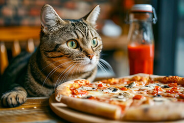 Wall Mural - Cat is sitting in front of whole pizza staring at it as if it were his meal.