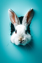 Poster - Rabbit's head pokes through hole in blue wall.