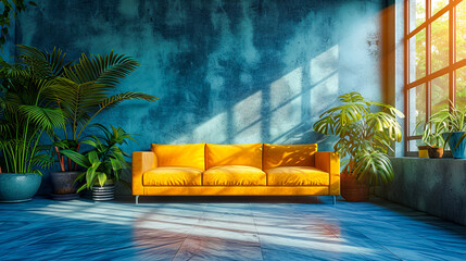 Sticker - Yellow couch sits against blue wall in sunny room with large windows and green plants on either side of the couch.