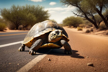 Turtle Is Walking Across Road In Arid Environment.