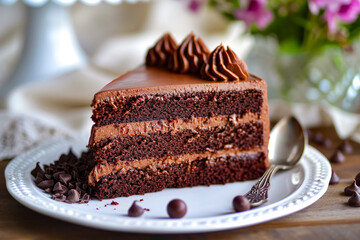 Sticker - Piece of chocolate cake with frosting and drizzle on white plate.