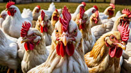 Sticker - Group of chickens are standing together in field with one chicken looking directly at the camera.