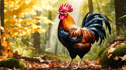 Sticker - Rooster with red and yellow head stands in forest clearing.