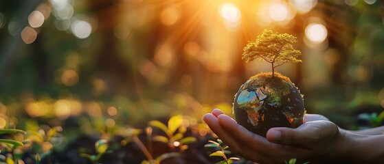 An organisation that helps nature. Close-up of a hand holding a small globe in the morning light.