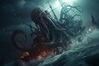 Kraken attacking ship in stormy sea