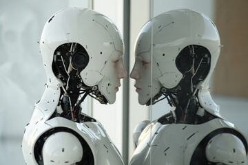 Poster - In this captivating photo, two robots stand facing each other, embodying the convergence of advanced technology and innovative ingenuity, A humanoid robot looking at its reflection, AI Generated