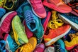 A captivating photo showcasing a vibrant pile of assorted colorful shoes stacked on top of each other, A jumbled pile of athletic shoes in a variety of vibrant colors, AI Generated
