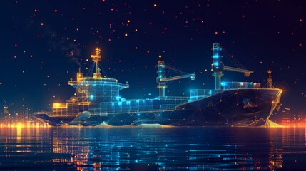 Aufkleber -  cargo ship, container, crane, and warehouse in dark blue. Concept of container ships, logistics, logistics, business, international shipping.