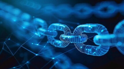 Poster - Abstract  chain element on blue background. Link protection, blockchain technology, cooperation symbol. Communication, security, internet safety, connect concept.