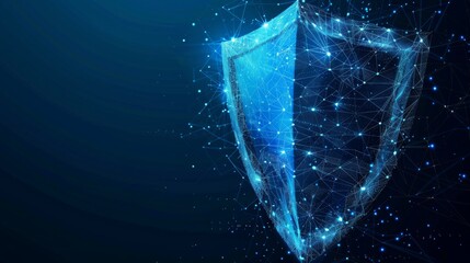 Poster -  illustration of a shield. Abstract wireframe  illustration on dark blue backgrounds. Digital 3d starry sky. Polygonal knights.