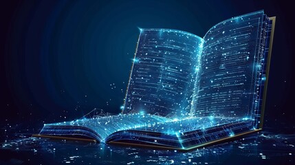Leinwandbilder - A low polygonal image of a notebook on a computer with an open book and low poly wireframe background. Online education or courses.  illustration.