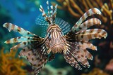 Fototapeta Do akwarium - A close-up photo of a lionfish resting on coral, showcasing its remarkable colors and pattern, A lionfish with fan-like pectoral fins radiating a sense of danger, AI Generated