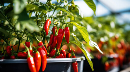 Wall Mural - ripe red hot pepper growing on a bush in a greenhouse. Organic agriculture concept. Generative AI