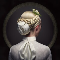 professional blonde hair bun model back view in a Wreath weaving black background hairdresser salon crissors comb cute sample beauty design fashion style pretty lady top bow Generative AI 