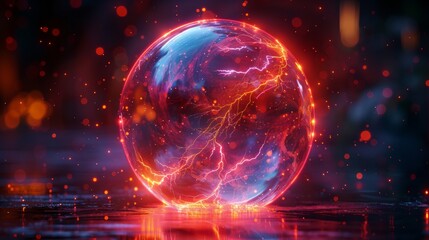 Aufkleber - Shield with lightning in a futuristic style on dark background with glowing effect. Sparks strike the dome like an armor concept or force energy field. Illustration in modern format.