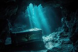 Fototapeta  - Explore the hidden depths of a cave and come across a mysterious chest filled with ancient treasure, A lost sunken treasure chest hidden inside a dark underwater cave, AI Generated
