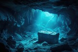 Fototapeta  - A box is discovered in the heart of a cave, surrounded by darkness and mystery, A lost sunken treasure chest hidden inside a dark underwater cave, AI Generated