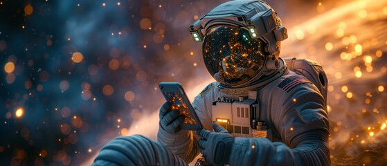 Wall Mural - Cosmonaut in space suit and smartphone in hand looking at screen, taking selfie. Astronaut wearing helmet holding smartphone on orbit of planet Earth. Space tourist in spacesuit. 