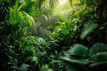 Wall Mural - This captivating photo showcases a verdant expanse of trees, immersing viewers in the beauty of a flourishing green forest, A lush tropical jungle with vibrant greenery, AI Generated