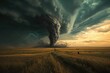 A massive tornado emerges from a dark storm cloud, illustrating the overwhelming power and destruction of nature, A massive twister ripping across open plains, AI Generated