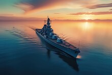 A Mammoth Vessel Gracefully Navigates The Wide Open Sea, A Massive And Fearless Battleship Cruising On A Crystal Clear Ocean During Sunset, AI Generated