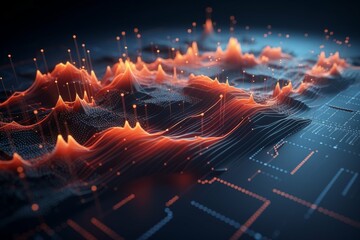 Wall Mural - a futuristic infographic with 3d wave points and glowing lines forming a complex pattern of shapes a