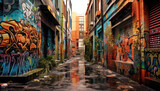 Fototapeta Uliczki - Narrow streets in the city, full of colorful painted murals and graffiti.