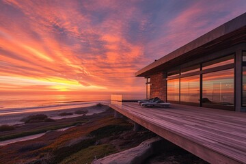Wall Mural - A stunning photo of a house situated on a beautiful beach, with a breathtaking sunset painting the sky, A modern beach house during a vibrant sunset, AI Generated