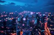 A persons head is illuminated in the foreground of a bustling city at night, creating a captivating contrast, A modernized globe monitored and maintained by blockchain technology, AI Generated