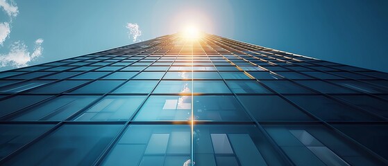 Poster - High rise glass building with dark steel window system on blue clear sky background, Business concept of future architecture. 3D render.