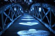 This photo captures a wooden bridge with a heart-shaped shadow, representing a tranquil and symbolic journey, A moonlit bridge with heart-shaped lights casting romantic shadows, AI Generated