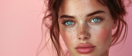 Wall Mural - This is a beautiful brown hair model face portrait. She has perfect skin and natural make-up against a pink background. It is a beauty salin and cosmetics concept. The banner has space for text.