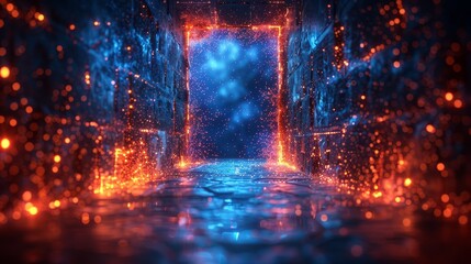 Aufkleber - This is a digital modern illustration of an open door on a blue background. It is a futuristic science fiction concept depicting a doorway in a polygonal wireframe style with glowing effects.