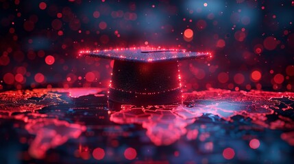 Poster - Educator's hat in a digital futuristic style. Online education concept laid over a world map. Modern illustration.