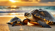 Close-up of an adult and newborn sea turtle on a sandy beach of a tropical island at sunset or sunrise. Generative Ai.