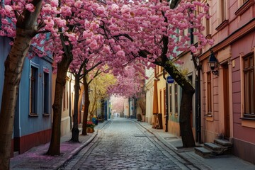 Poster - A peaceful street lined with blooming pink flowered trees creates a stunning and tranquil scenery, A narrow cobblestone street lined with blooming cherry blossom trees, AI Generated