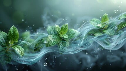 Poster - Set of modern elements showing fresh air flowing from an air conditioner, purifier, or humidifier. Motion blur with mint leaves, concept of freshness.