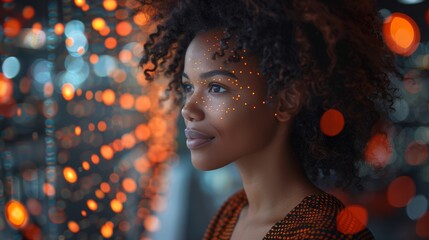 Poster - An African-American woman working in an office and communicating through a network. ICT (Information Communication Technology). Cloud computing. System engineering.