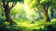Bright green forest landscape, cartoon illustration