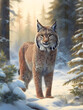 Lynx Scouting For Food In The Forest Winter Landscape, Oil Paint Style
