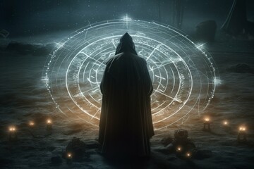 Wall Mural - a wizard standing in a circle of glowing runes, casting a spell