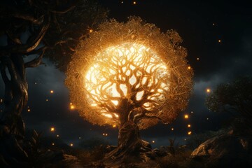 Wall Mural - a magical tree with a glowing orb in its branches
