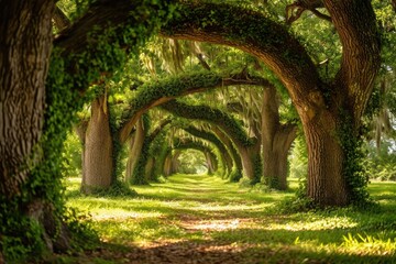 Canvas Print - A scenic road winding its way through a lush landscape of trees, their branches covered in vibrant green leaves, A picturesque scene of an oak tree tunnel in a breathtaking park, AI Generated