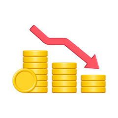 Wall Mural - 3d gold coin stack with red down arrow isolated on white background. Business and finance concept. Cartoon minimal style. Money coins icon render illustration.