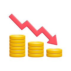 Wall Mural - 3d gold coin stack with red down arrow isolated on white background. Business and finance concept. Cartoon minimal style. Money coins icon render illustration.